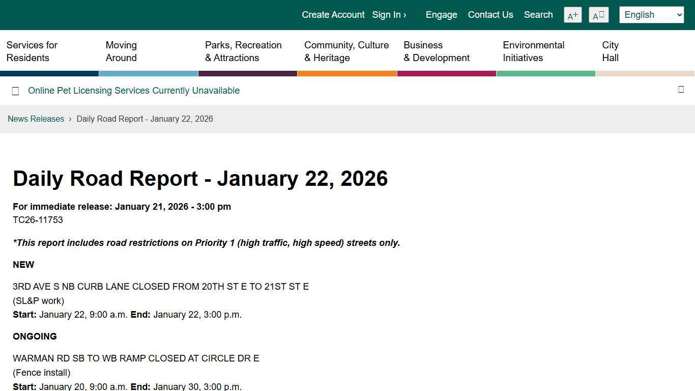 Daily Road Report - January 22, 2026 City of Saskatoon